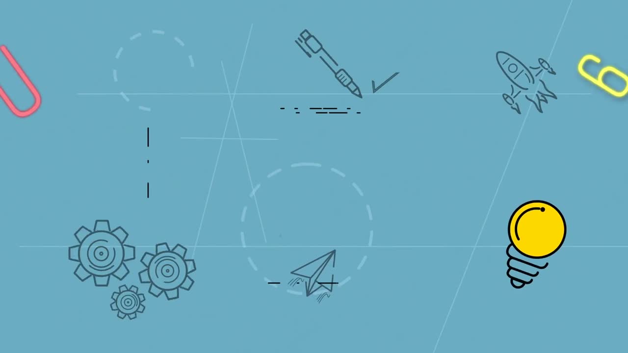 animación de letras y números sobre bolígrafo, engranaje y bombilla sobre fondo azul