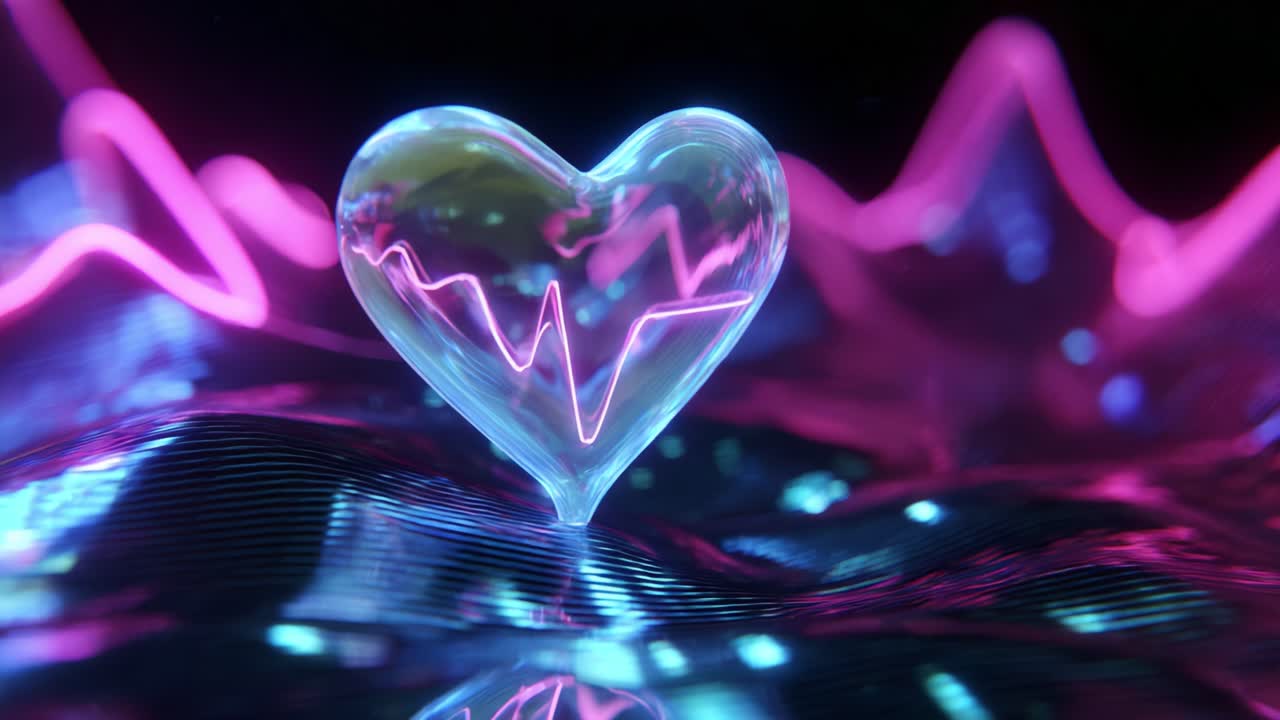 An enchanting visualization of a heart-shaped object pulsing with vibrant energy, surrounded by a mesmerizing wave of glowing colors, the essence of love and digital emotions captured in a stunning artistic display