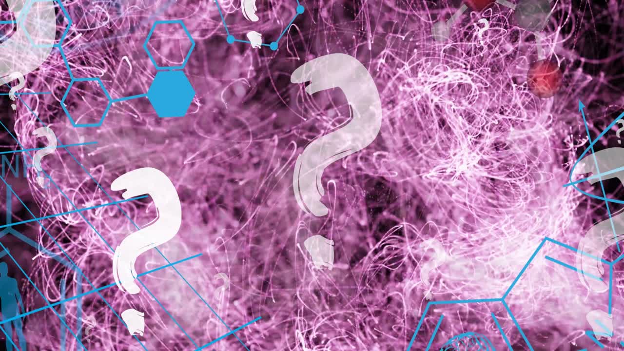 animación de signos de interrogación sobre fórmula química y rastros de luz en fondo negro