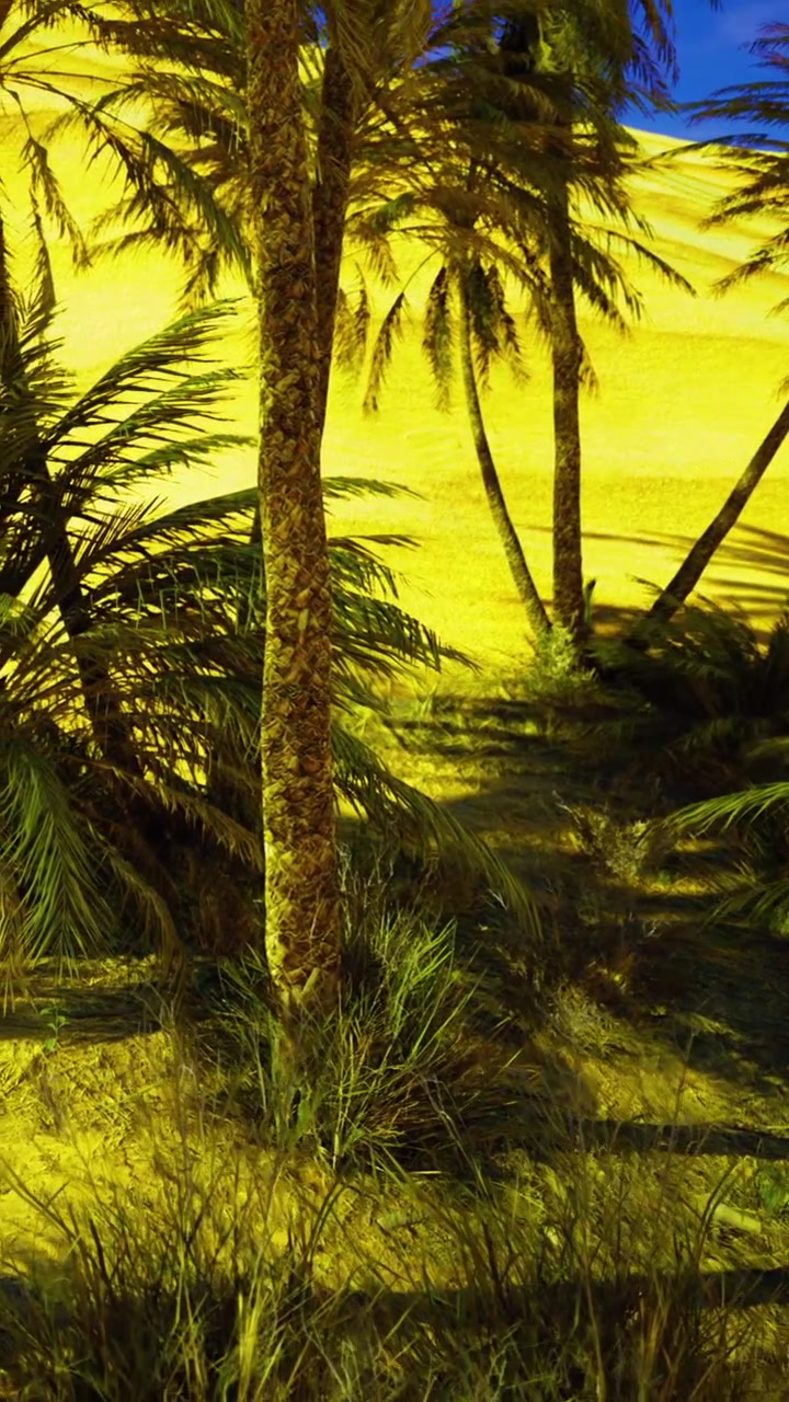 Palme e paesaggio desertico sotto un cielo luminoso durante il giorno