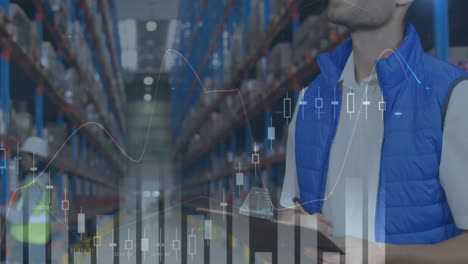 animación de estadísticas y procesamiento de datos financieros sobre el hombre que trabaja en el almacén