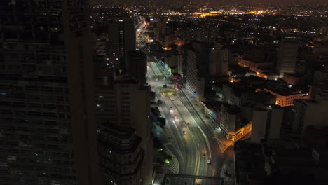 aerial view of sao paulo downtown with vinte e tres de maio avenue, the biggest of the city, at night, brazil