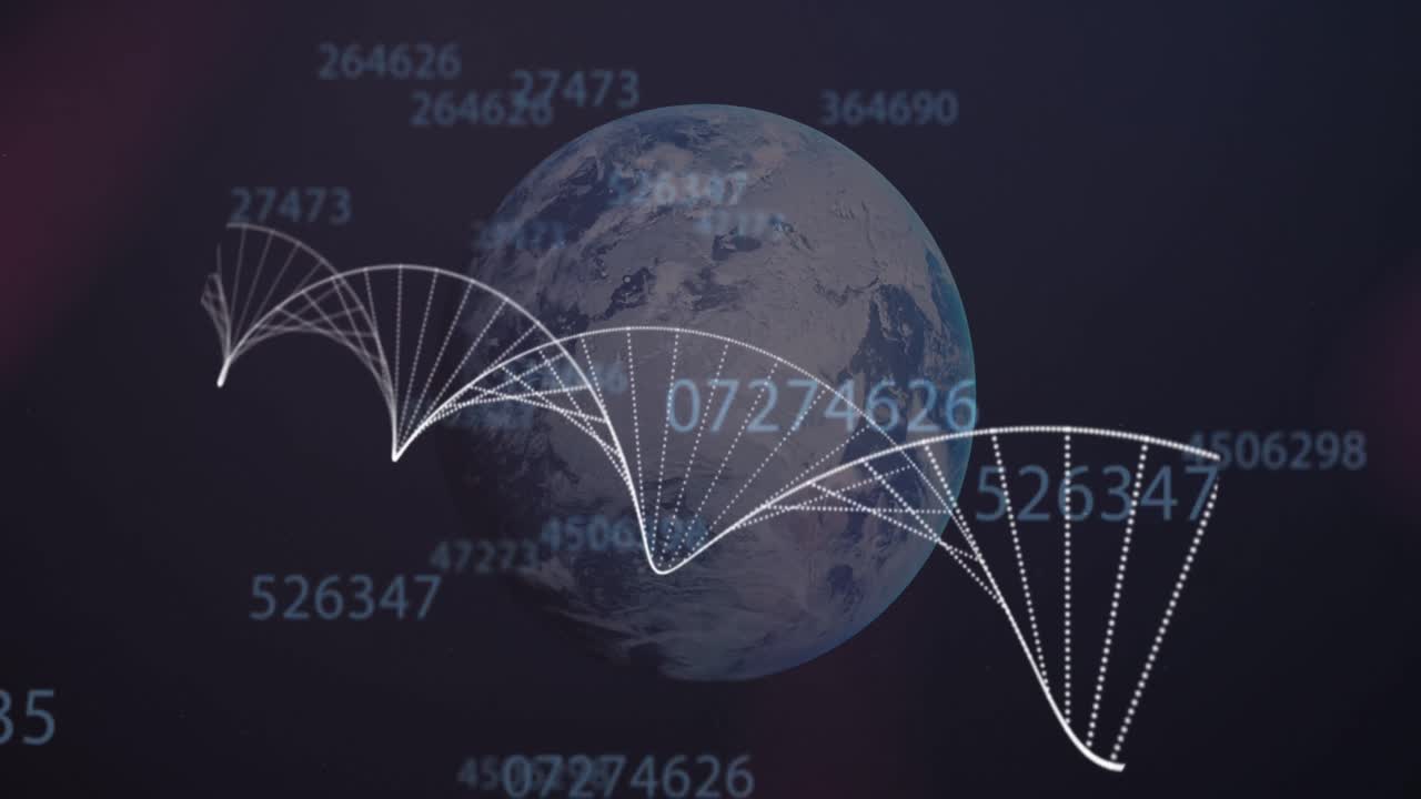 Animasi DNA di atas bola dunia dan angka-angka dengan latar belakang hitam