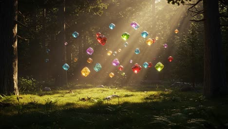 a dazzling display of colorful crystals in a sunlit forest, surrounded by lush greenery and tranquil nature, capturing the essence of enchantment and serenity