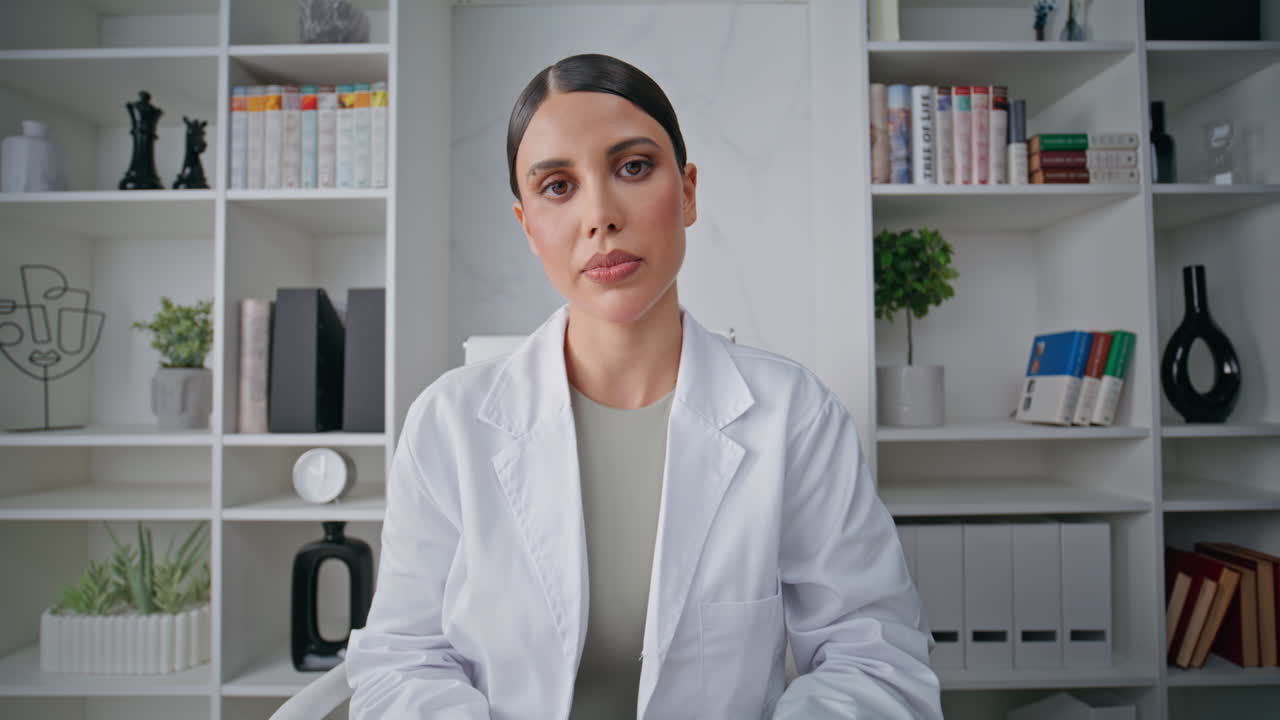 Online consultant explaining medication prescription details in clinic closeup