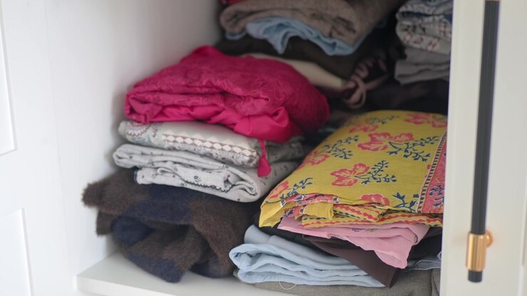 Stacks of Folded Clothes Inside a White Closet