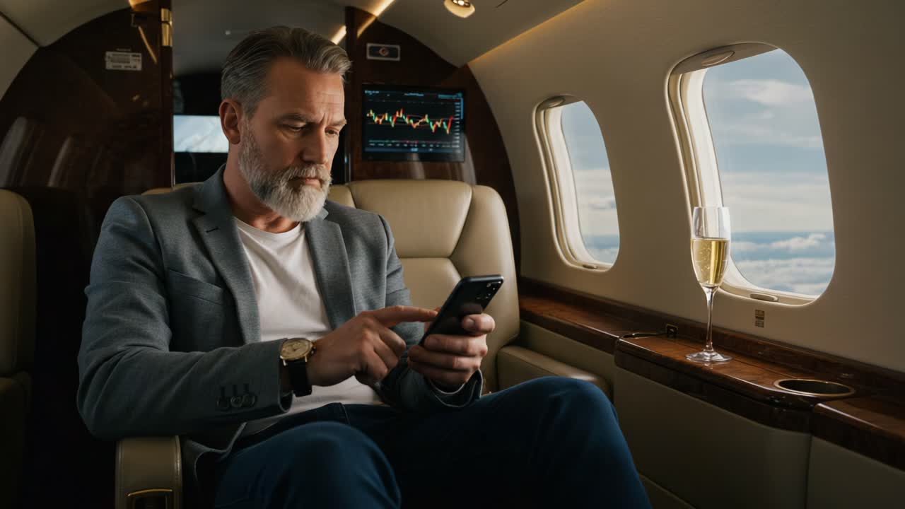 Un uomo d'affari concentrato si gode un viaggio di lusso su un jet privato, utilizzando il suo smartphone mentre sorseggia champagne, circondato da un elegante design degli interni e viste panoramiche