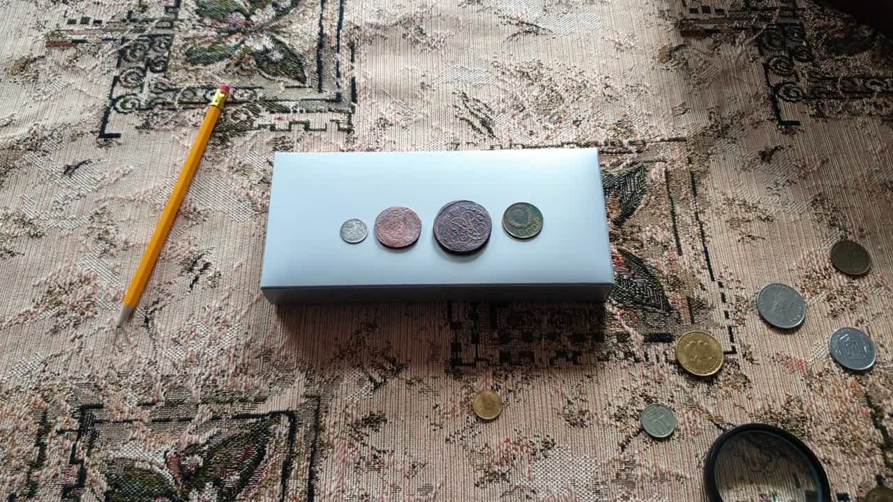 el evaluador de monedas, el coleccionista de monedas. el hombre considera las monedas antiguas.