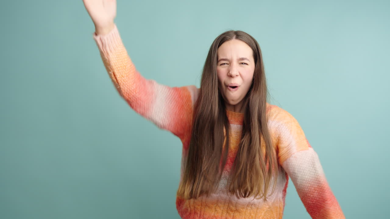 Excited woman shaking hands