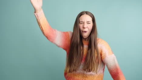 excited woman shaking hands