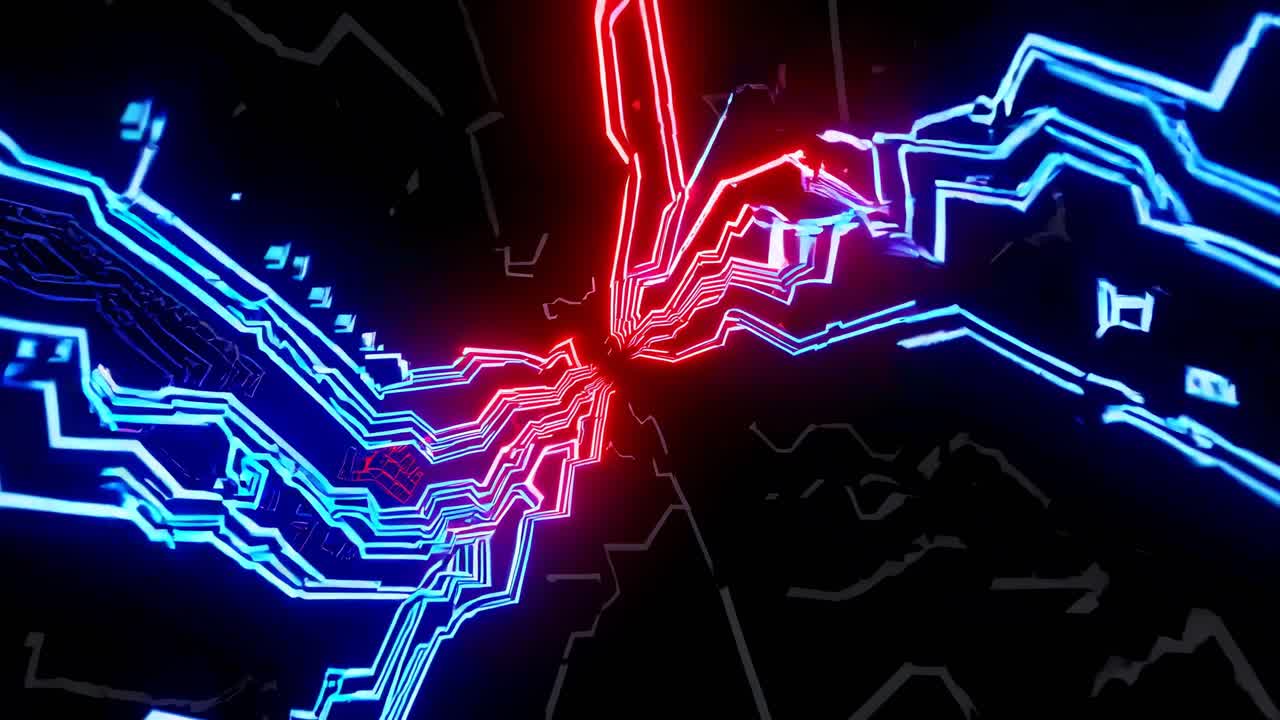 Futuristic video with neon blue and red circuit lines converging