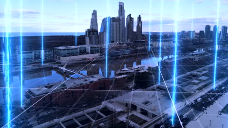 Luftaufnahme-Von-Blau-Gefärbten-Digitalen-Linien-Und-Gittern-über-Dem-Hafen-Von-Buenos-Aires-Und-Moderner-Skyline-Im-Hintergrund---Hochgeschwindigkeitsdatenkommunikation-Im-Hafenviertel---Autos,-Die-Auf-Der-Straße-In-Argentinien-Fahren