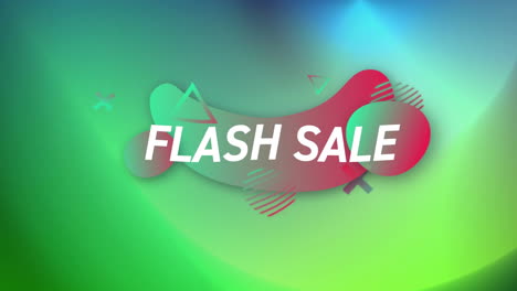 animación de texto de venta instantánea sobre formas coloridas sobre fondo verde