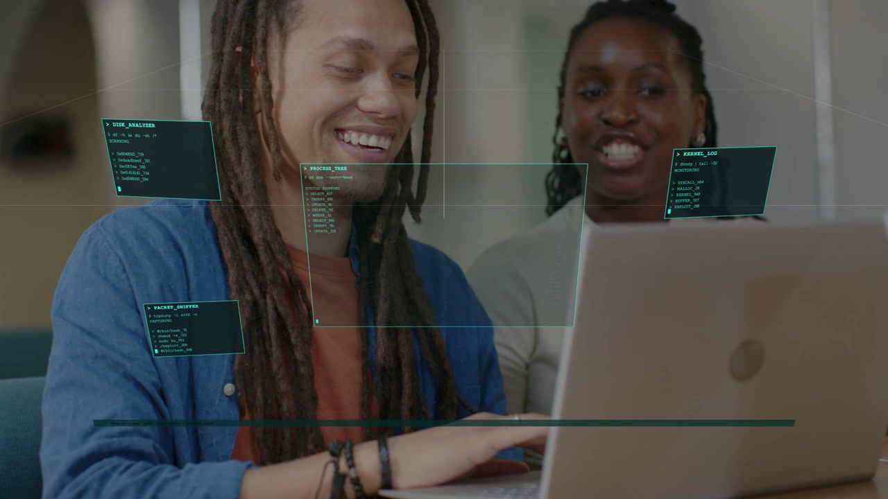 Man glancing at wrist, speaking and typing, woman pointing at laptop, HUD showing tech data working