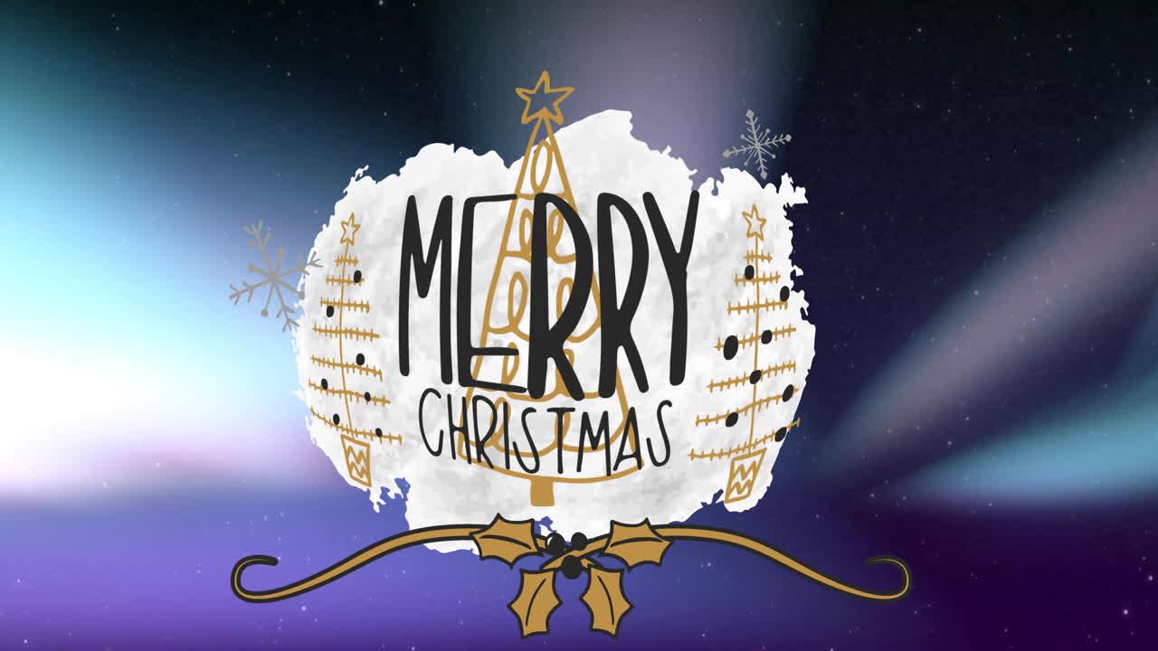 어두운 배경에 축제 나무와 눈송이와 함께 메리 크리스마스 텍스트 애니메이션