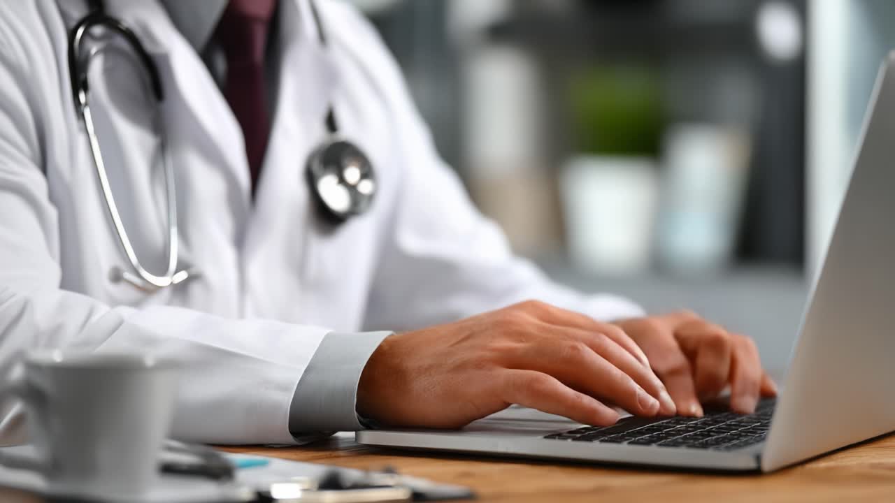 Un professionista sanitario concentrato, con camice bianco, che digita diligentemente su un portatile, sottolineando la moderna integrazione della tecnologia nella pratica medica e nelle consulenze da remoto