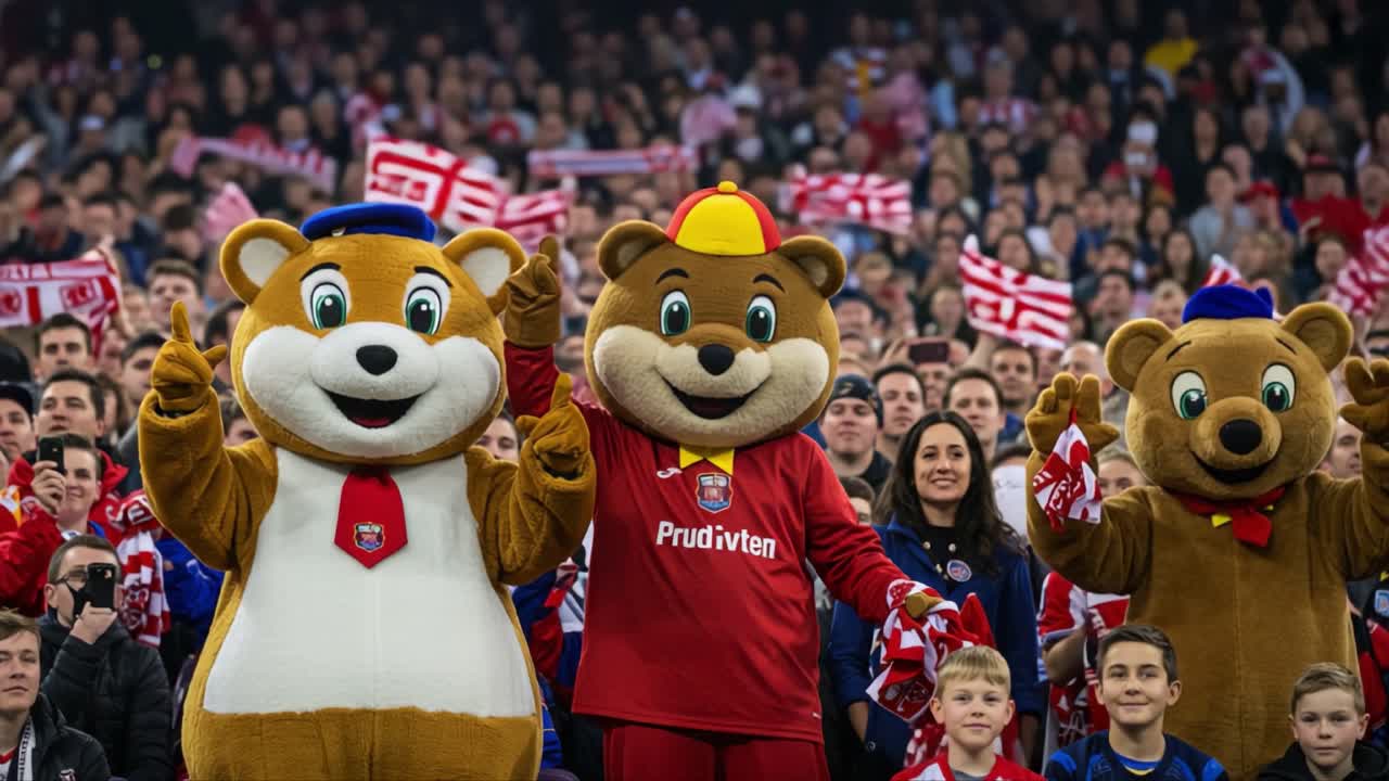 Cheerful mascots entertaining a lively crowd, showcasing enthusiasm and team spirit at a vibrant sporting event with joyful fans and colorful attire