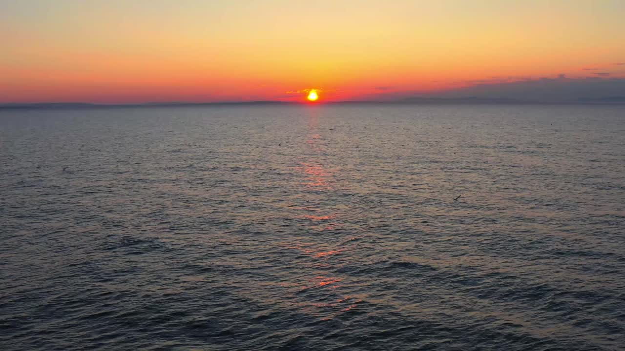 해가 지는 동안 파인드호른 해변에서 조용한 북해의 공중 뒷면 과 프레임에서 지나가는 해파리 무리