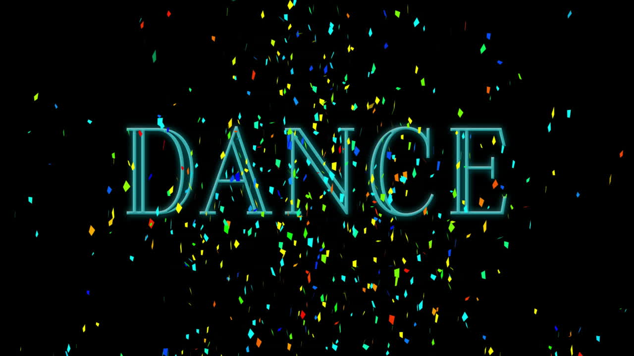 DANCE tekst-animation med farverig konfetti, der falder på sort baggrund