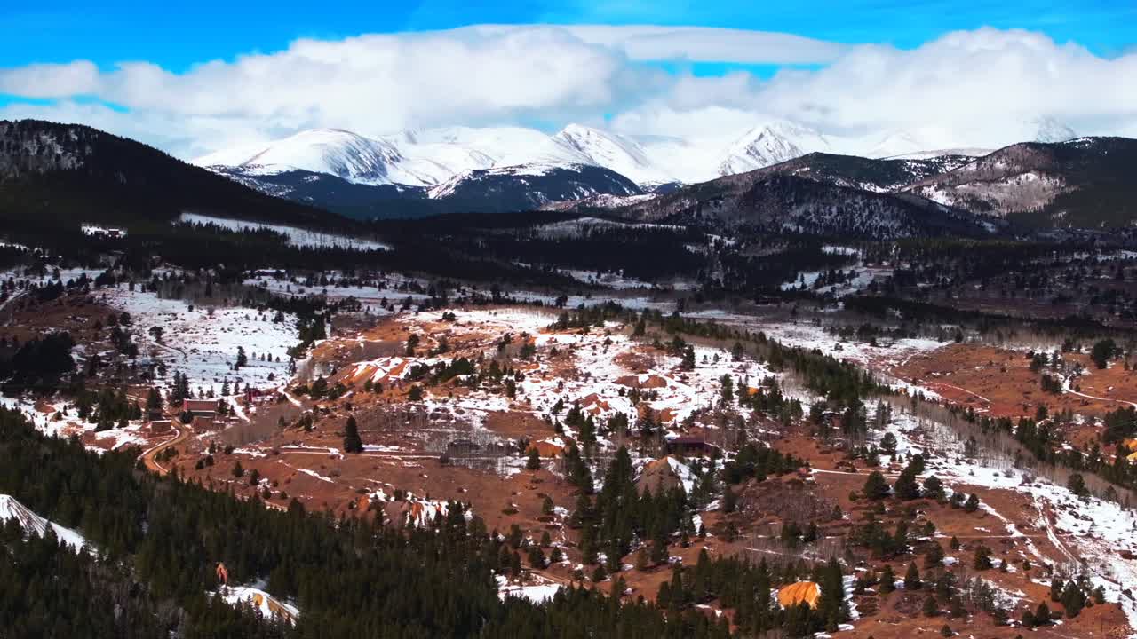 Nederland Eldora Historic Central City Parkway Black Hawk Idaho Springs aerial drone Colorado snowy Rocky Mountains Indian Peaks Gilpin County Gold mining winter blue sky sunny clouds forward pan up
