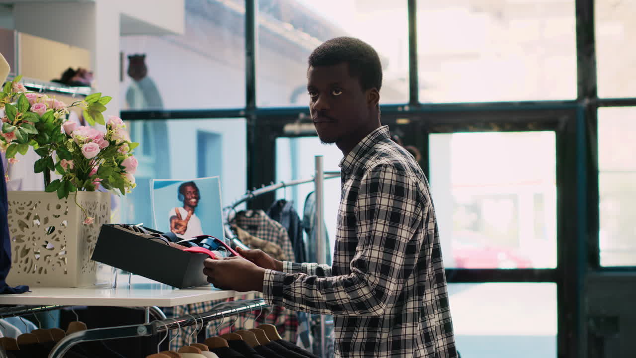 el cliente comprueba el material de la corbata