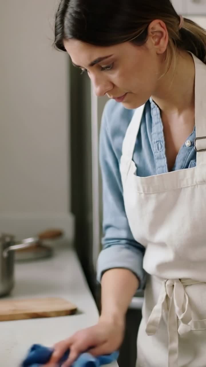 Video verticale: Donna con grembiule bianco prende uno straccio blu e pulisce il bancone della cucina con concentrazione.
