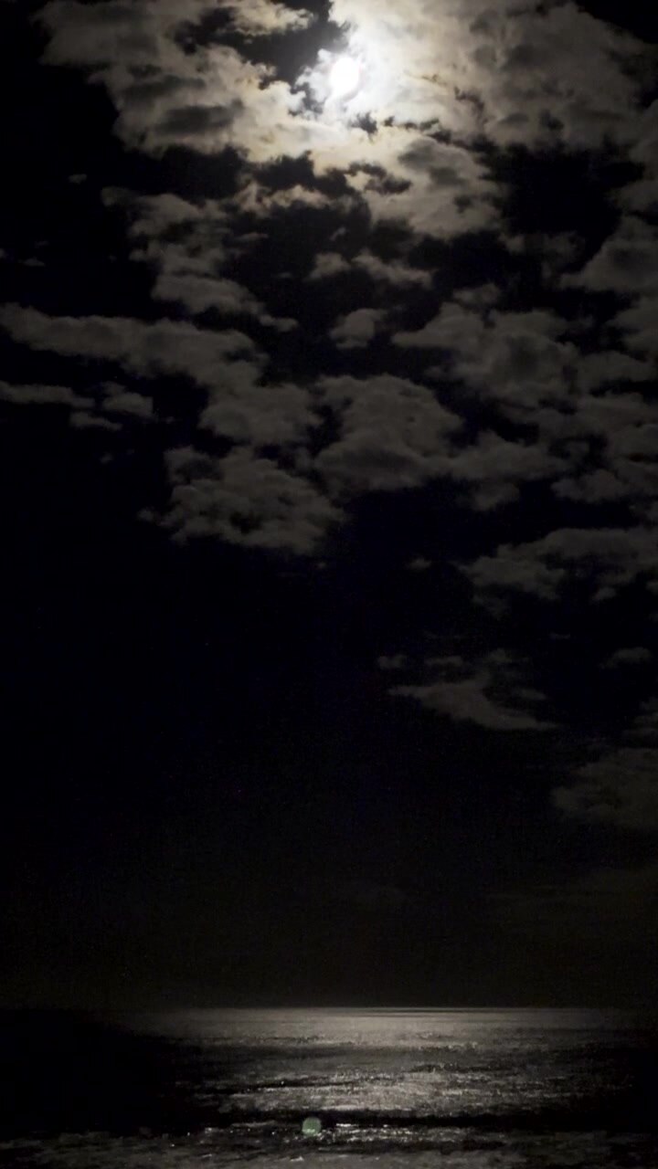 Luna piena dietro le nuvole con la luce lunare riflessa sulla superficie dell'oceano. Verticale.