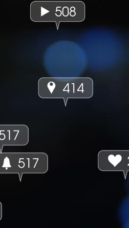 animación de iconos y números de redes sociales sobre luces parpadeantes