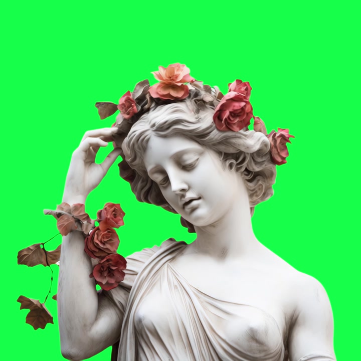 Statua Serena in Marmo di una Donna con Rose su Sfondo Green Screen