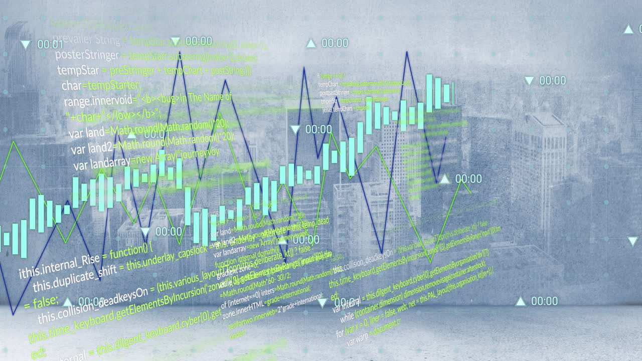 그래프의 애니메이션과 구름이 가득한 도시 풍경에 대한 데이터 처리