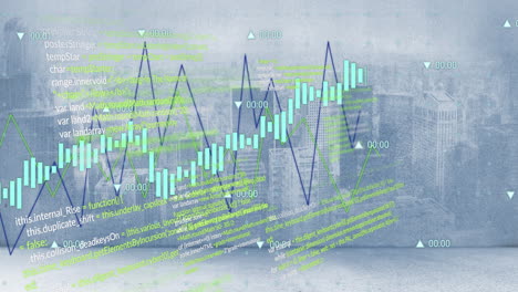 Animation-Von-Diagrammen-Und-Verarbeitungsdaten-über-Einer-Wolkigen-Stadtlandschaft