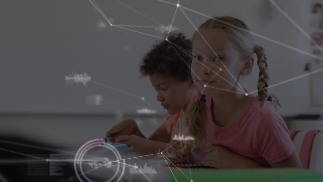 Students writing in classroom while network overlay appearing around work causing glance and smile