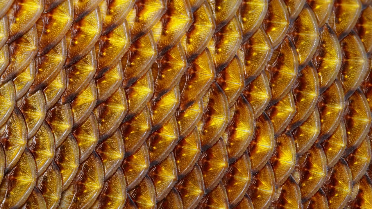 Vista macro di squame di pesce sovrapposte con luce direzionale che si muove sulla superficie, creando riflessi dorati mutevoli, ombre marroni, un ritmo diagonale e un ricco luccichio metallico, con dettagli di squama, pesce, macro