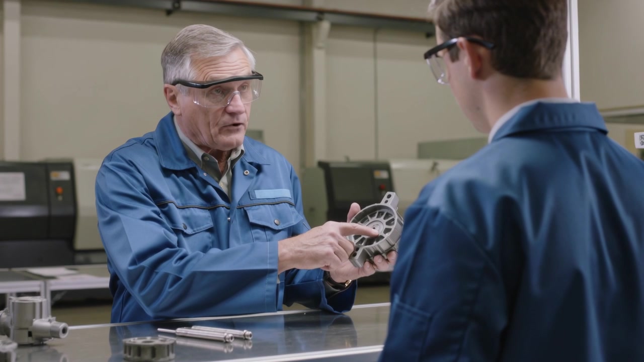 Lifting cast part, instructor in blue coat safety glasses pointing, showing bolt holes at workshop