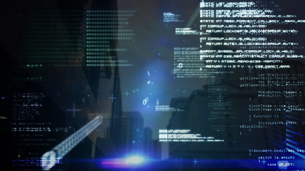 Animation of data processing and binary coding over city