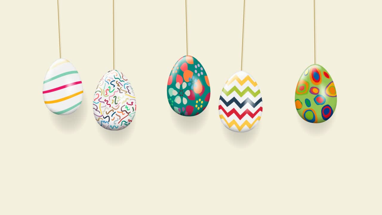 Easter background with hanging and swinging eggs. Animated illustration