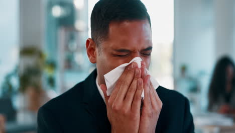 sick, desk and man blowing nose with tissue