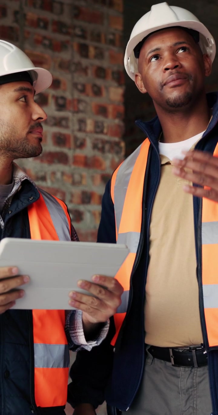 Due operai edili esaminano progetti su un tablet in un cantiere