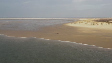 Dramatische-Drohnen-Luftaufnahme-Von-Ein-Paar-Leuten,-Die-An-Einem-Leeren-Strand-Auf-Der-Friesischen-Insel-Borkum-Neben-Dünen-Und-Wattenmeer-Der-Nordsee-Spazieren