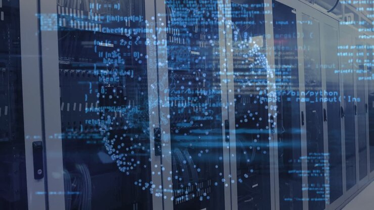 Animation of data processing and globe over server room