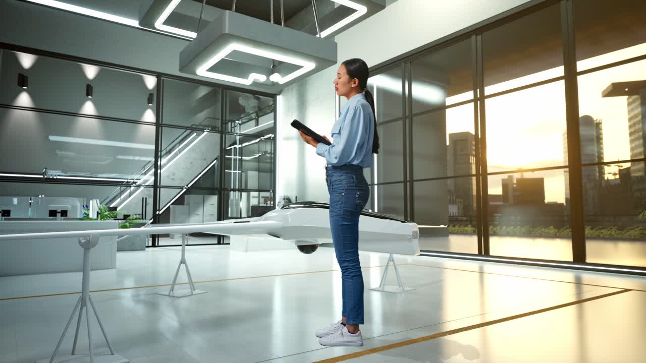 mujer en una oficina moderna con un dron