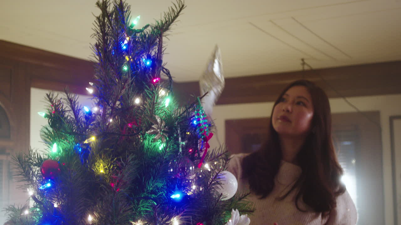 A woman placing a star on top of a Christmas tree