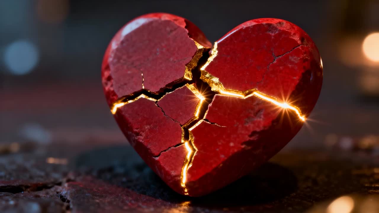 Fotogramma iniziale: pietra a forma di cuore rosso pulsante che mostra una luce dorata nelle crepe su un tavolo scuro, evocando calore