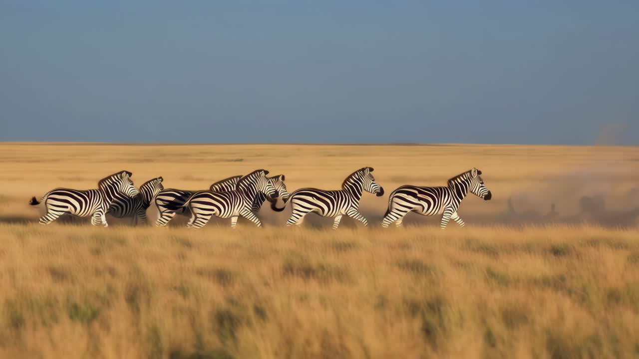 Zebre che corrono attraverso la savana dorata