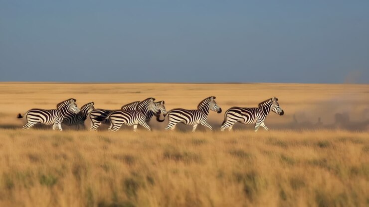 Zebre che corrono attraverso la savana dorata
