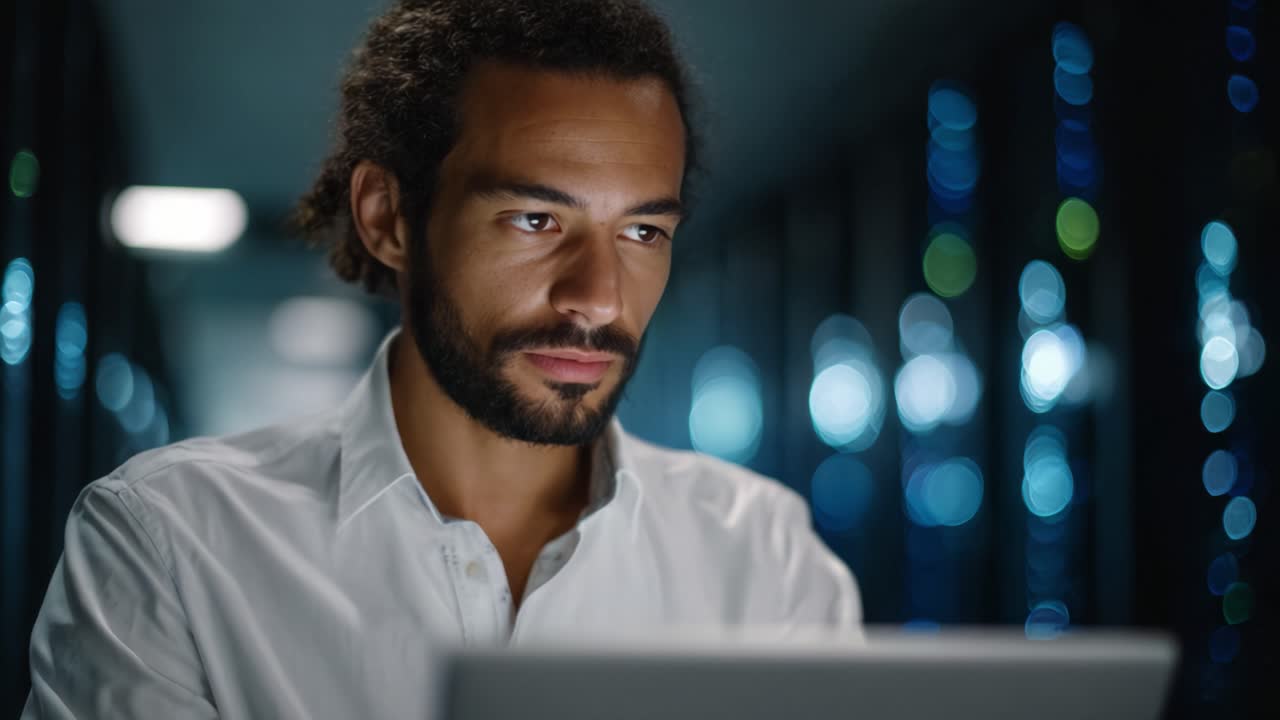 Focused Professional Analyzing Data on Laptop in High-Tech Environment with Bright Lights, Conveying Technology and Seriousness in a Digital Workspace
