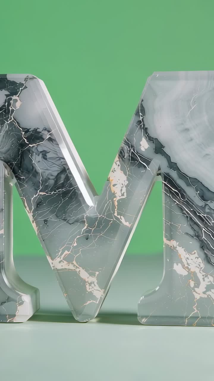 Vertical video: Starting camera panning across marble letter M on mint base showing veins