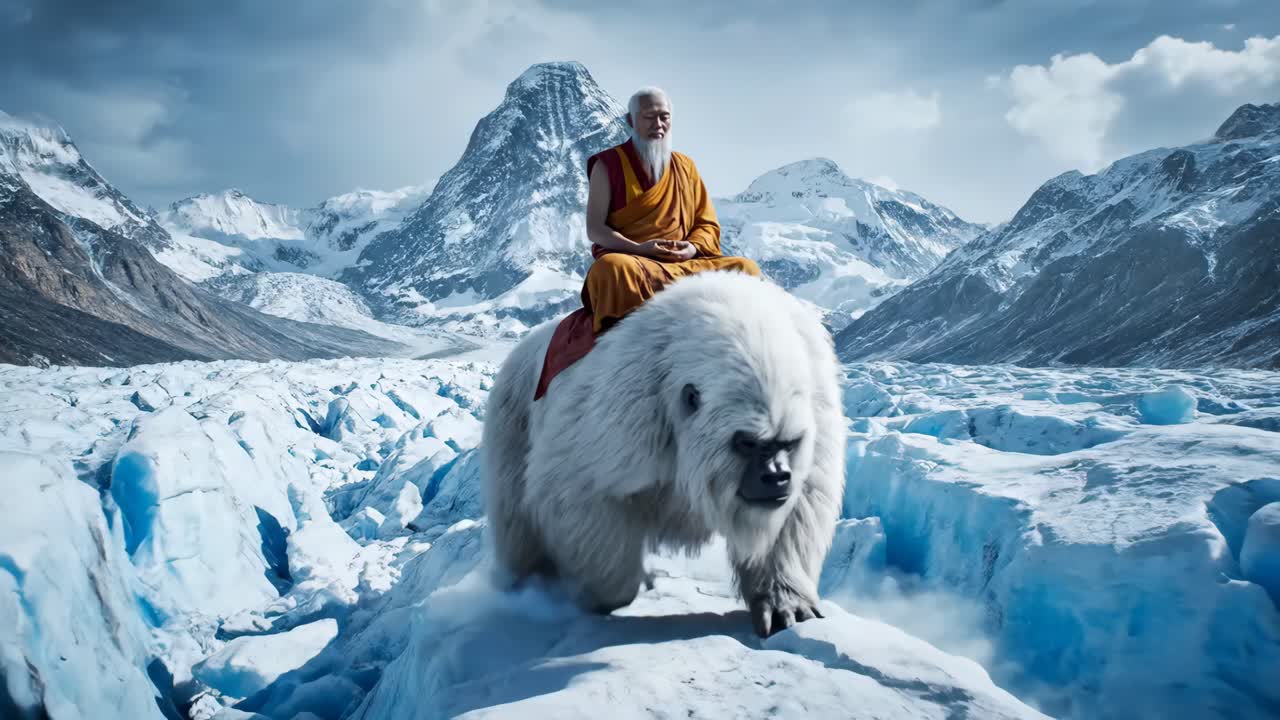 Monk Riding a White Bear in a Snowy Mountain Landscape