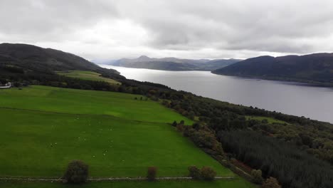 Aerial-View-Over-Green-Valley-River-Bank-Trees-With-Loch-Ness-In-The-Scottish-Highlands