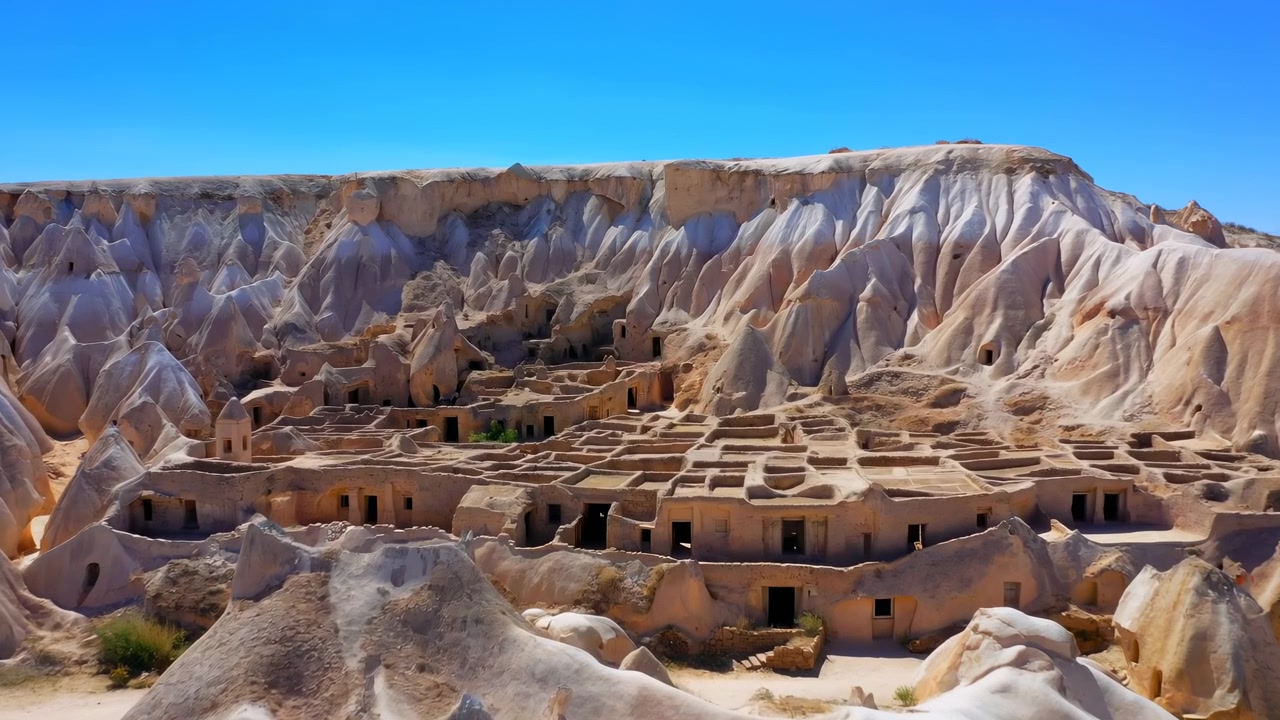 Çok katmanlı kaya oyma yerleşim, aşınmış taş açıklıklar, teras kenarları, konik tüf oluşumları, kanyon duvarları, yumuşak güneş ışığı ve katmanlı jeoloji ile seyahat ve miras için geniş manzaralı peyzaj